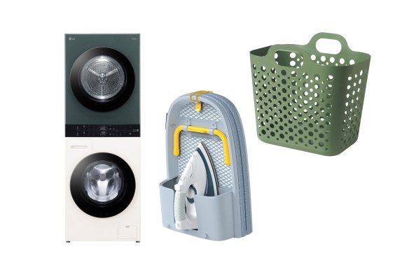 Lave-linge et sèche-linge « Wash Tower » ; planche à repasser pliante « Pocket Plus » ; panier à linge « Slibb ».  