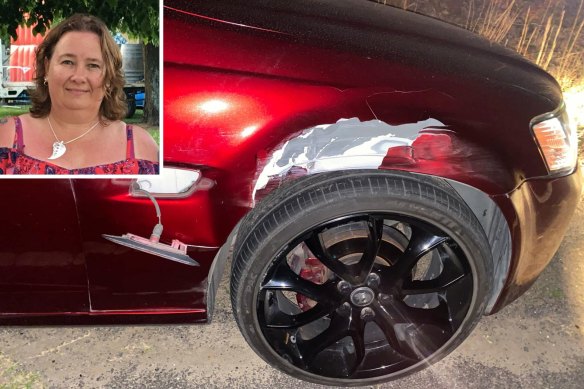 Les dégâts causés à la voiture de Tina Venables (en médaillon) après avoir heurté un cerf sur Jervis Bay Road en septembre.