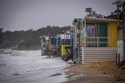 Cabines de plage exposées à la mer à Mount Martha North en 2018.