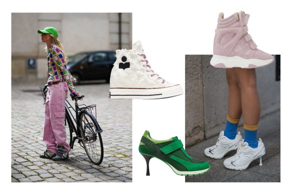 Les talons des baskets dans les années 2020 : dans le sens des aiguilles d'une montre à partir de la gauche, Fashion Week de Copenhague, Isabel Marant x Converse, chaussures compensées « Balskee » d'Isabel Marant, Fashion Week de Paris et Sneex.