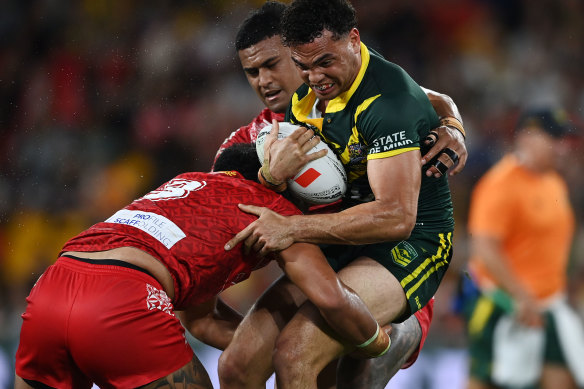Xavier Coates sortait brillamment du terrain arrière pour les Kangourous contre les Tonga.