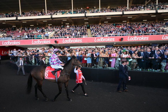 Declan Bates défile Pride of Jenni devant la foule de Moonee Valley.