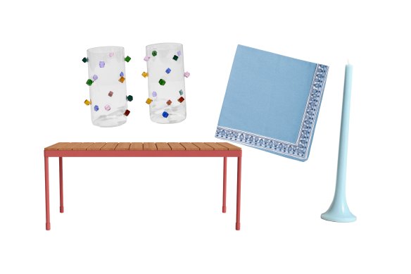 Verres highball « Jewel » ; Table à manger « Torakina » ; Serviette « Jardin Royal » ; Bougie « Tusk Taper ».  