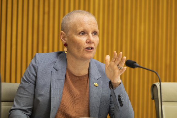 Le regretté député travailliste Peta Murphy lors d'une audience parlementaire sur les jeux d'argent en ligne.