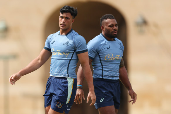 Joseph Suaalii et Samu Kerevi à l'entraînement des Wallabies.