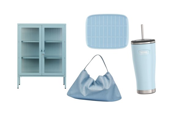 Armoire « Le mélangeur » ; fourre-tout « Harlow Slouch » ; Assiette « Oiva Tiiliskivi » ; Gobelet froid « Icon ».  