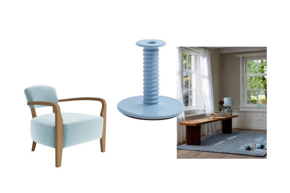 Fauteuil « Cabane » ; Chandelier « Barro » ; Tapis « Couperets ».