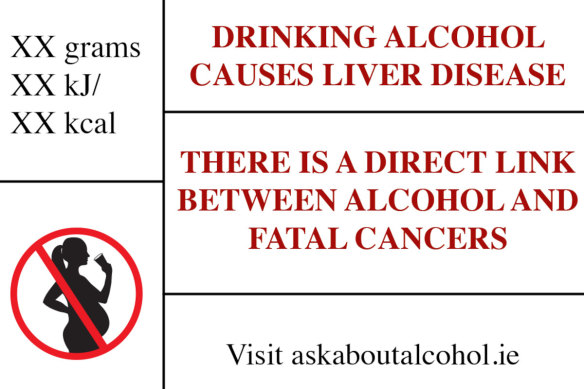 Un échantillon des étiquettes d'avertissement sanitaires obligatoires sur l'alcool en Irlande.
