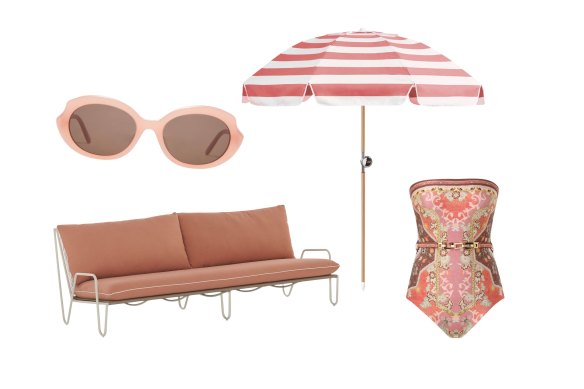Lunettes de soleil « Mini Ovale » ; Canapé « Shore Capella » ; Parasol « Luxury Parasol » ; Maillot de bain « Wylie Belted ».  