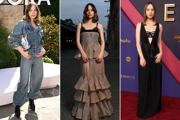 Marlo Kelly en denim et robe Zimmermann à la Fashion Week australienne en mai ; en Dolce & Gabbana aux Emmy's en septembre. 