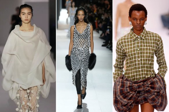 Le volume, le pantalon et l'imprimé signés Khaite (à gauche), Louis Vuitton et Acne Studios.