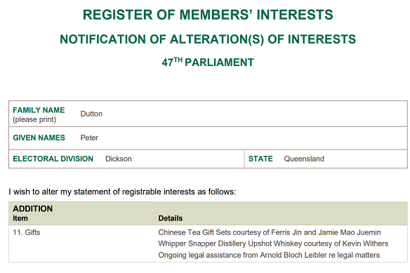 Mise à jour du registre des intérêts de Dutton du 23 décembre. 