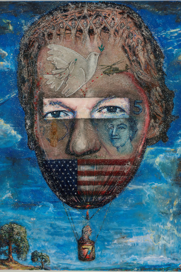 Shaun Gladwell, finaliste du prix Archibald, Un portrait symboliste pailleté de Julian Assange flottant dans son reflet.