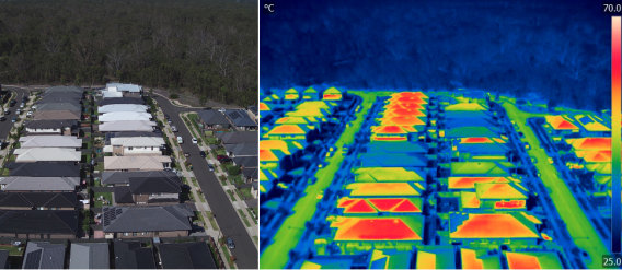 L'effet îlot de chaleur urbain, vu par l'imagerie infrarouge, montre la différence de températures que les toits noirs font.