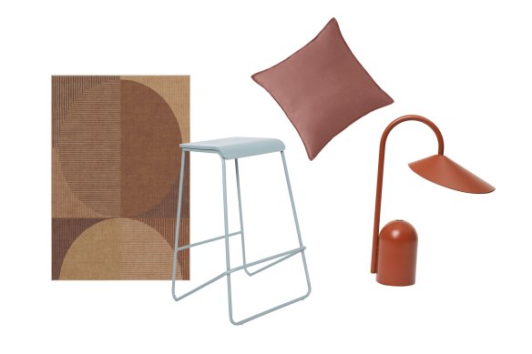 Tapis «Harlow»; Tabouret «Murphy»; Coussin «Abbotson»; Lampe portable «Arum».