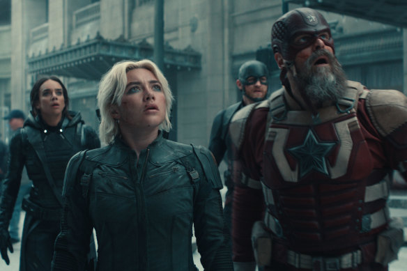Ghost (Hannah John-Kamen), Yelena Belova (Florence Pugh), John Walker (Wyatt Russell) et Red Guardian / Alexei Shostakov (David Harbor) dans Thunderbolts *.