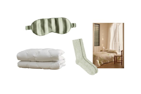 Courtepointe d'été; Masque pour les yeux en soie; Chaussettes de lit; Couverture de courtepointe «Maja»:  