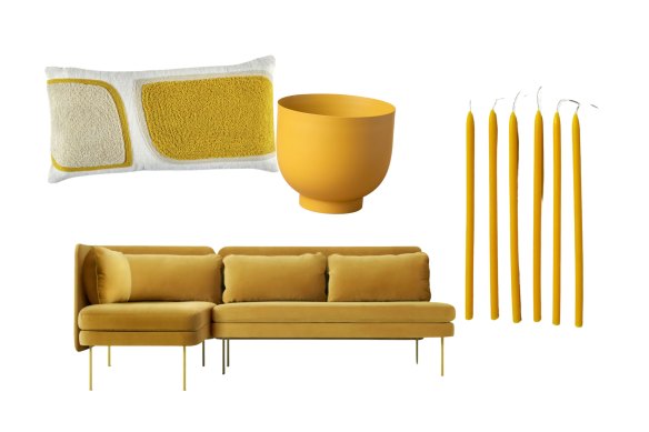 Couverture de coussin «Brocéliande»; Planteur «Yaamur»; Canapé «mec» avec chaise; Bougies «Honeybell» en cire d'abeille.