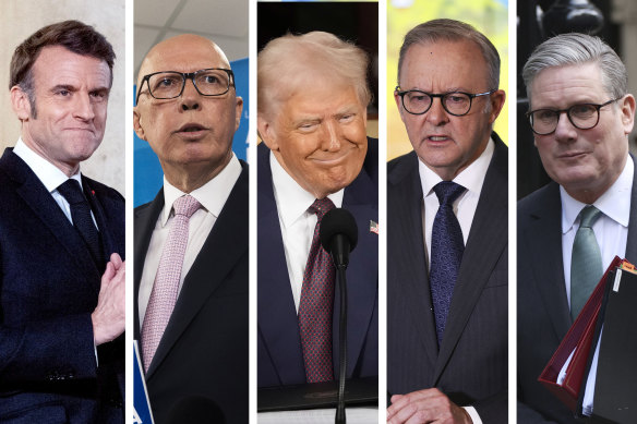 (De gauche à droite) Le président français Emmanuel Macron, le chef de l'opposition Peter Dutton, le président américain Donald Trump, le Premier ministre Anthony Albanese et le Premier ministre britannique Keir Starmer.