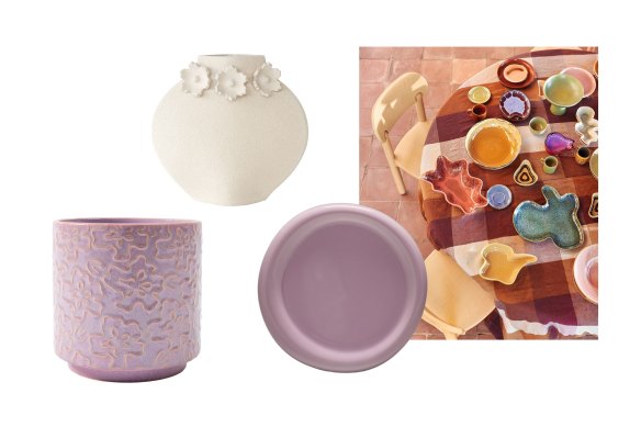 Pot «fleur»; Vase «fleurs sculpturales»; Plaque de collation; Céramique assortie.  
