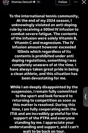 La déclaration du joueur de tennis Thomas Fancutt sur Instagram.