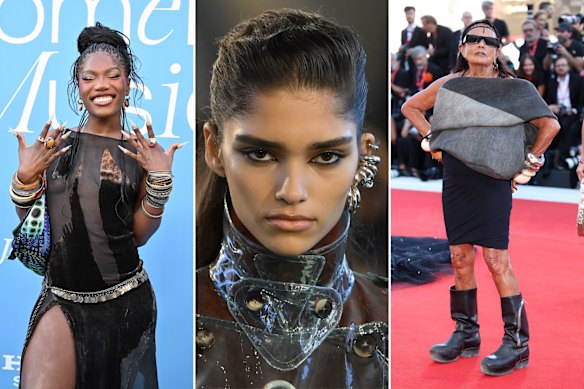 Les bijoux en argent gros et audacieux se trouvent: le chanteur Doechii; Le spectacle automne / hiver 2025 de Paco Rabanne; La créatrice de mode française Michele Lamy arbore de gros morceaux d'argent depuis des décennies.