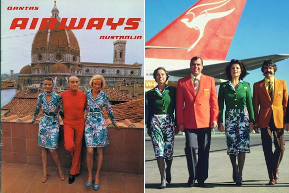 Emilio Pucci révèle ses uniformes Qantas sur la couverture du magazine de la compagnie aérienne en 1974. Ils sont restés en service jusqu'en 1985.