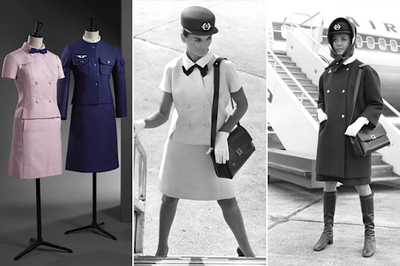 Les uniformes d'été et d'hiver Air France pour les agents de bord conçus par Cristobal Balenciaga en 1968.