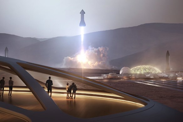 Artiste officiel SpaceX Rendages d'une colonie sur Mars impliquant la fusée Starship.