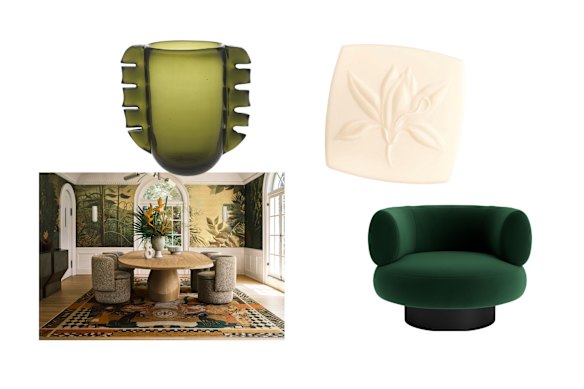 Tapis «La Jolie»; Vase «hélas»; Savon «sublimage»; Chaise pivotante «Espasso».