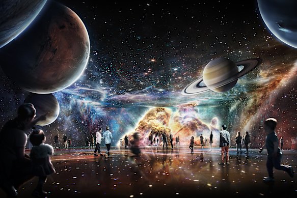 L'impression de l'artiste de l'espace à écran immersif à 360 degrés de Parramatta Powerhouse à partir de 2020.