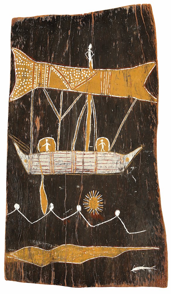MINIMINI NUMALKIYIYA MAMARIKA (ANINYAKWA, c. 1900–1972) Macassan Prau avec trois figures, vagues et créatures marines, c. 1941-1945.