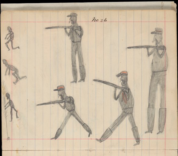 Oscar (Kuku Yalanji, né en 1878) n ° 26 dispersant la manière habituelle. Un bon carnet de croquis de tir, c. 1898.