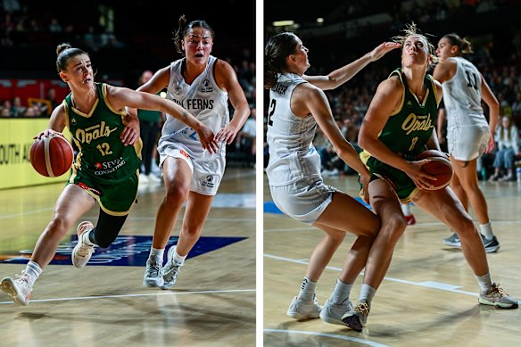 Stephanie Reid et Sara Blicavs des Opals en action pendant le match de lancer Trans-Tasman entre les Tall Ferns de la Nouvelle-Zélande.