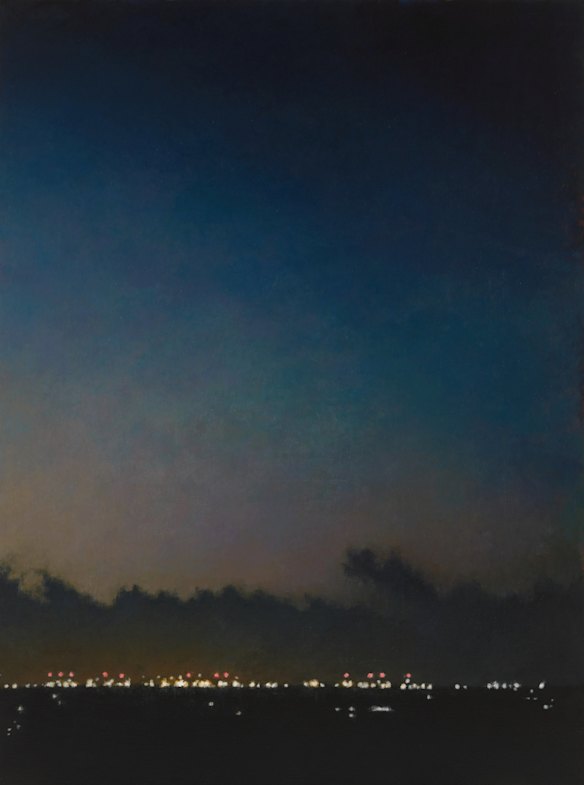 Le ciel avant l'aube de Jude Rae sur le terminal de conteneurs de botanique portuaire, huile sur le lin. 200x150.4 cm