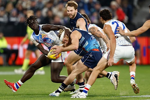 Bien que les pulls étaient en apparence, il était difficile pour certains adeptes d'identifier quelle équipe était jeudi soir lorsque Geelong a joué les Bulldogs occidentaux.