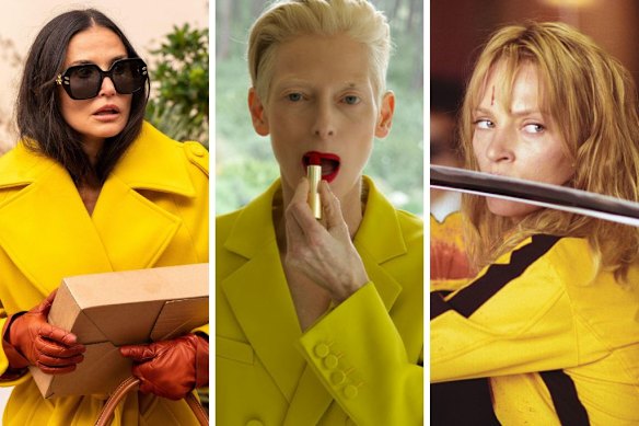 (De gauche) Demi Moore dans la substance; Tilda Swinton dans la pièce à côté; Uma Thurman dans Kill Bill.