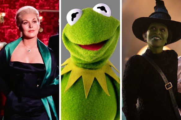 (De gauche) Kim Novak en vertige; Kermit la grenouille; Cynthia Erivo dans Wicked.
