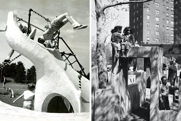 De gauche à droite: le terrain de jeu des baleines en 1955; Un terrain de jeu en béton à New York en 1965.