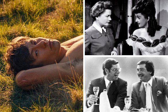 De gauche à droite, Oliver (Barry Keoghan) se fixe sur son ami universitaire à Saltburn; Anne Baxter et Bette Davis s'affrontent dans All About Eve; Jerry Lewis partage un rire avec Robert de Niro dans le roi de la comédie.