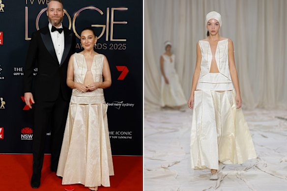 Zoë Foster Blake à Amy Lawrance avec Hamish Blake sur le tapis rouge Logies et une robe Amy Lawrance à la Fashion Week australienne.