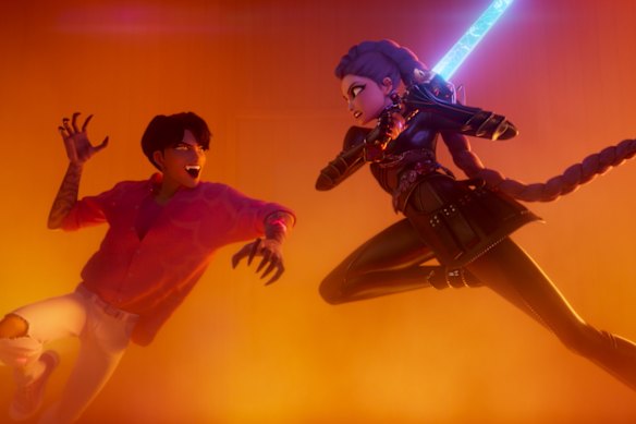 Jinu (exprimé par Ahn Hyo-Seop) et Rumi (voix par Arden Cho) Bataille dans les chasseurs de démon KPOP.