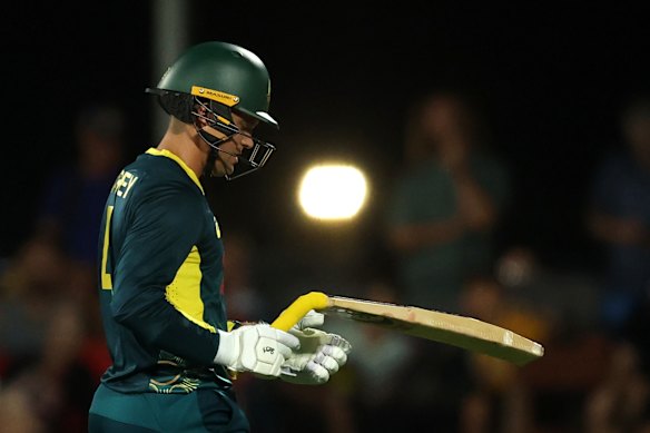 Alex Carey brise sa batte. 