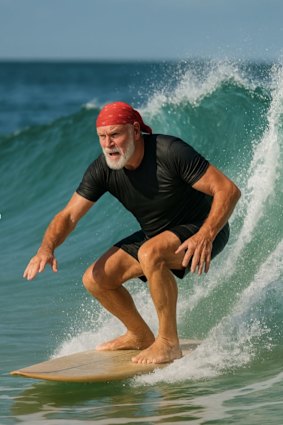 Une image générée par l'AI de votre humble correspondant attrapant une vague.