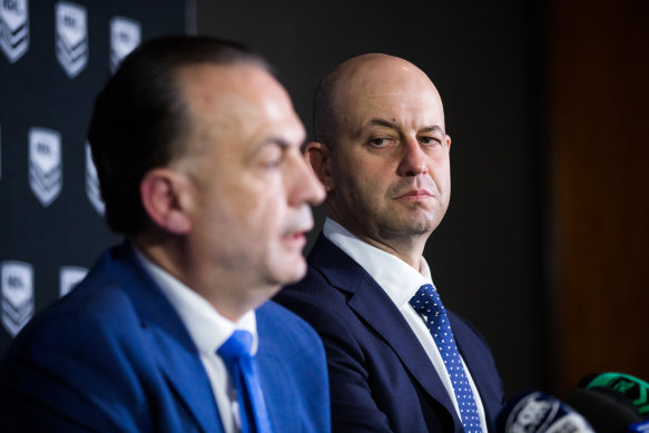 Todd Greenberg (à droite) et Peter V'landys ne se sont pas regardés à la fin du mandat de l'ancien à la LNR.