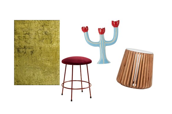 Tapis «kiwi»; Tabouret «piscine»; Bougeoir «Tulip»; Tableau de la «NESST».  