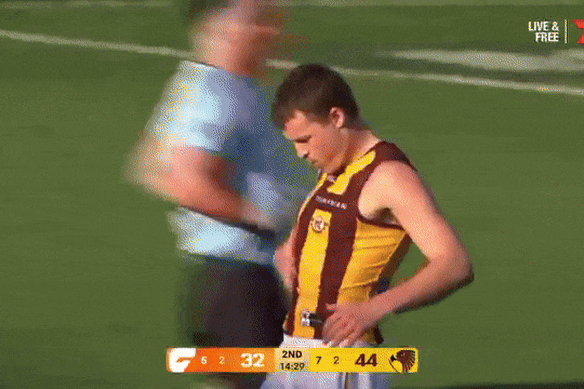 Jack Ginnivan d'Hawthorn célèbre l'un de ses buts dans la finale d'élimination contre GWS.