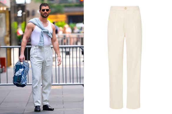David Corenswet frappe une pose. À droite: Charlton pantalon pantalon, 395 $.
