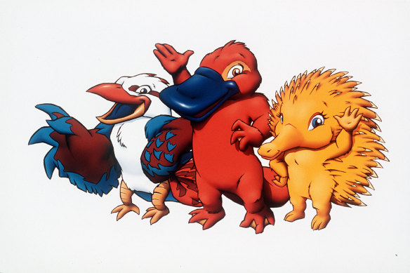 Les mascottes officielles de Sydney 2000 Olly, Syd et Millie, qui Roy et HG ont renommé «Dickhead». 