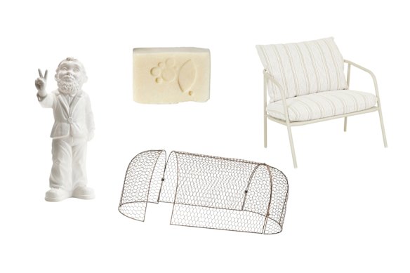 «Victoire» Gnome; Savon «Olive Castille»; Cloche Tunnel; Chaise «cape».  